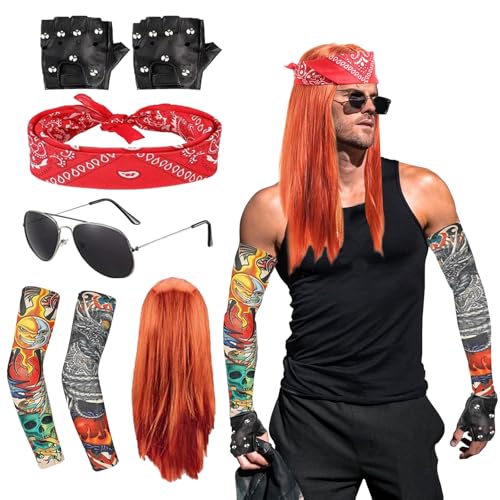 Celestia 80er Jahre Outfit Vokuhila Perücke Herren 5er Set, 70er 80er Kostüm Herren Vokuhila Perücke 80er Jahre Accessoires für Fasching Halloween Kostüm Party Accessoires von Celestia