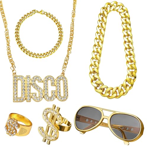 8 Stück Zuhälter Kostüm, 80er 90er Jahre Outfit Herren Hip Hop Kostüm Goldkette Herren Gangster Gang Sonnenbrille Goldene Dollar Kette Ring Hanzi-Ringe Für Karneval Fasching Mottoparty, Halloween von Celestia