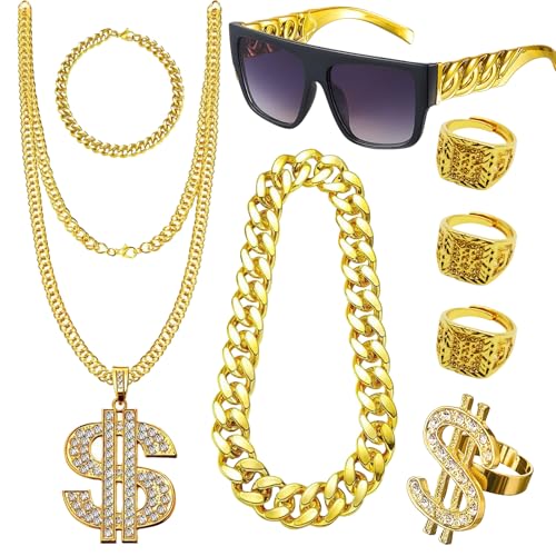 8 Stück Zuhälter Kostüm, 80er 90er Jahre Outfit Herren Hip Hop Kostüm Goldkette Herren Gangster Gang Sonnenbrille Goldene Dollar Kette Ring Hanzi-Ringe Für Karneval Fasching Mottoparty, Halloween von Celestia