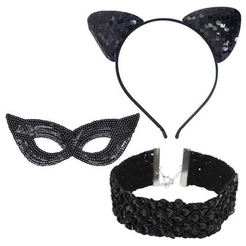 Celiodd 3-Teiliges Set Katzenohren Halloween Haarreif Katzenohren Damen Katzenohren Glitzer Katzenkostüm Zubehör Damen Inklusive Katzenohren-Stirnband Halsband Maske und Augenmaske für Cosplay von Celiodd