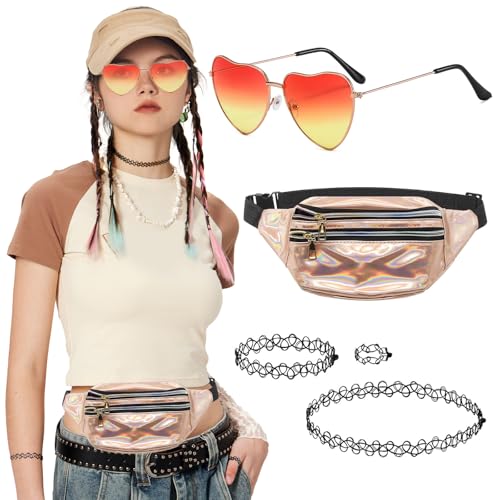 Celiodd 90er Jahre Outfit Damen 90er Jahre Accessoires Vintage 90er Party Outfit Herzförmige Brille,Gürteltasche Aus Metall Schlüsselbein-Halskette für Hippie-Neon-Karneval-Party-Rollenspiele von Celiodd