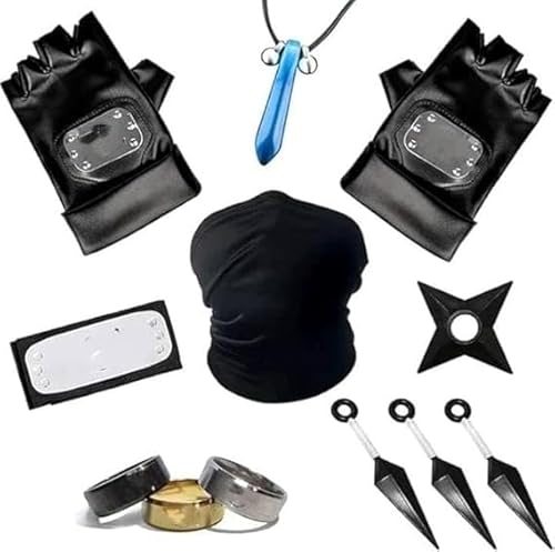 Celiodd Kunai Stirnband Set,Kunai Kunai Cosplay Set, 1 Schwarzes Konoha-Stirnband, 1 Maske, 2 Handschuhe, 3 Ringe Und 1 Halskette, 3 Kunai Aus Kunststoff, 1 SpielstüTze von Celiodd