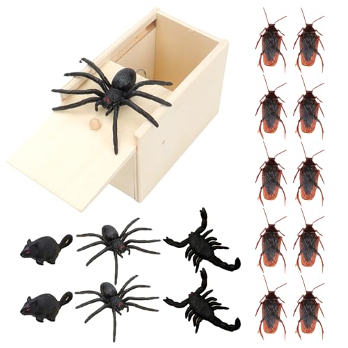 Celiodd Spinne in Der Box,Spider Prank Box,Scherzartikel Spinne,Spider Prank Toy Mit Ersatzkäfer 6 Stück Und Kakerlake 10 Stück,Für Kinder Erwachsene Halloween Party Favors Gifts von Celiodd