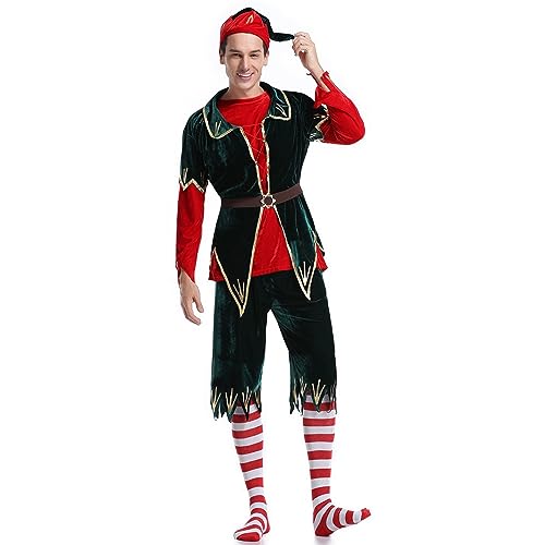 Celucke Halloween Anzug für Erwachsene Clown Kostüm Outfits Cosplay Bühnenkostüm Weihnachtsanzug Set 1 Stück Hut + 1 Stück Oberteil + 1 Stück Hose + 1 Stück Gürtel + 2 Stück Socken von Celucke