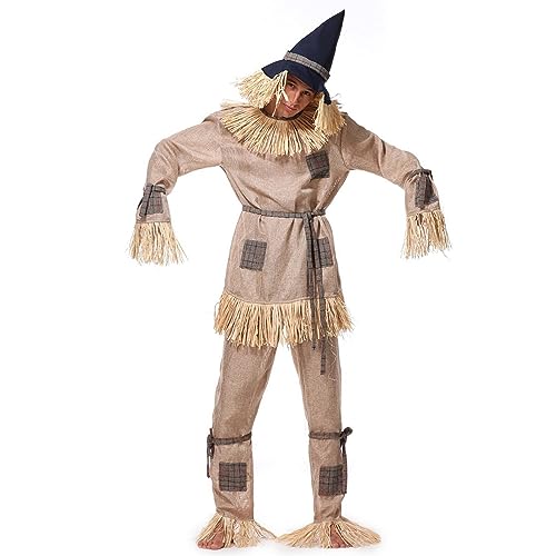 Celucke Halloween Anzug für Erwachsene Strohanzug Drama Bühnenkostüm Kostüm Outfits 1 Stück Hose + 1 Stück Oberteil + 1 Stück Hut + 1 Stück Gürtel von Celucke