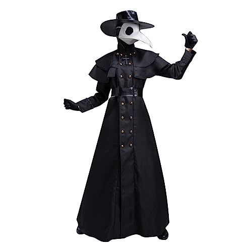 Celucke Halloween Kostüm für Erwachsene Mittelalter Steampunk Pestdoktor Krähe mit langem Mund Cosplay Mantel 6-teiliges Set Hut Maske Handschuhe Kleid Gürtel Schwarze Kopf und Halsbedeckung von Celucke