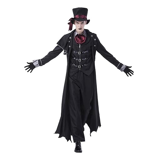 Celucke Paarkostüm für Herren Halloween Kostüm Cosplay Straßenvampir Kostüm Outfits 1 Stück Weste + 1 Stück Jacke + 1 Stück Schleife + 2 Stück Handschuhe + 1 Stück Hemd + 1 Stück Hose + 1 Stück Hut von Celucke