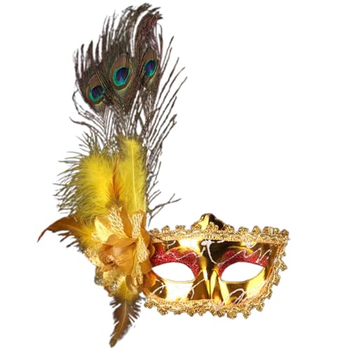 Celucke Venezianische Maske Damen Feder Maskenball Maske Glänzend Lustig Masquerade Maske Men Goldene Maske Masquerade Maske Gold Venezianisch Cosplay Masken Erwachsene für Halloween Karneval Party von Celucke