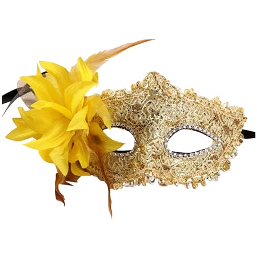 Venezianische Maske Damen Feder Maskenball Maske mit Blumen Masquerade Maske Men Lustig Karnevalsmaske Maske Gold Gesicht Cosplay Masken Erwachsene Ball Hochzeit Karneval von Celucke