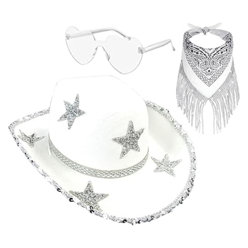 Celuicion Disco-Cowboyhut, Bling-Cowboyhüte für Damen | 3X Strass-Stern-Quasten-Bandana - Lustiger glitzernder Cowgirl-Hut, Halloween-Partykostüm für Disco-Partys von Celuicion