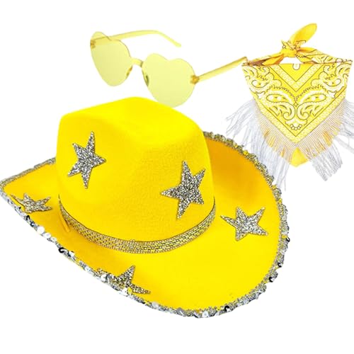 Celuicion Strass Cowgirl Hut,Strass Cowboyhut - 3X Strass-Stern-Quasten-Bandana,Halloween-Partykostüm, Cosplay-Zubehör-Set für Damen und Herren von Celuicion