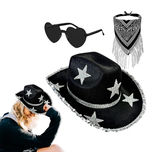 Celuicion Strass Cowgirl Hut,Strass Cowboyhut - 3X herzförmige Sonnenbrille Cowboyhut,Lustiger glitzernder Cowgirl-Hut, Halloween-Partykostüm für Disco-Partys von Celuicion