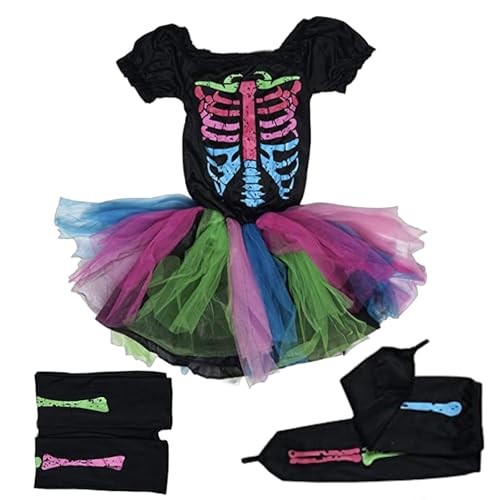 Punky Buntes Skelett Deluxe Mädchen Kostüm Set für Halloween Kostüm Dress Up Partys von Celuicion