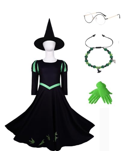 Cemaxjo Mädchen Elphaba Kostüm Kleid Schwarz Handschuhe Good Glinda Cosplay Rosa Kleid Hut for Hallowee Outfits (Black, Large) von Cemaxjo