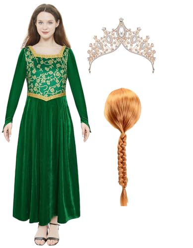 Cemaxjo Prinzessin Fiona Grün Kleid mit Perücke Krone Prom Erwachsene Fiona Cosplay Kostüm Halloween Outfit (Green, 3X-Large) von Cemaxjo