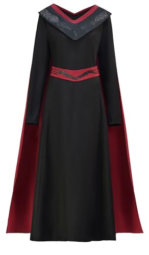 Cemaxjo Rhaenyra Targaryen Mittelalterliche Renaissance Schwarz Kleid Kostüm Rhaenyra Cosplay Robe Umhang Gürtel (Black, Small) von Cemaxjo