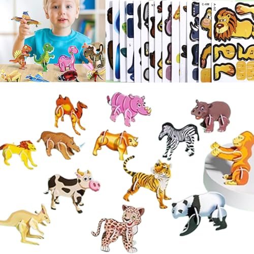 Flowarmth Pädagogisches 3D-Cartoon-Puzzle, 25-teiliges, Sich Nicht Wiederholendes 3D-Cartoon-Puzzle Für Kinder, Dinosaurier, Flugzeug, Tier, Insekt, Pädagogisches Papier-Puzzle-Spielzeug (Tier) von Cemssitu