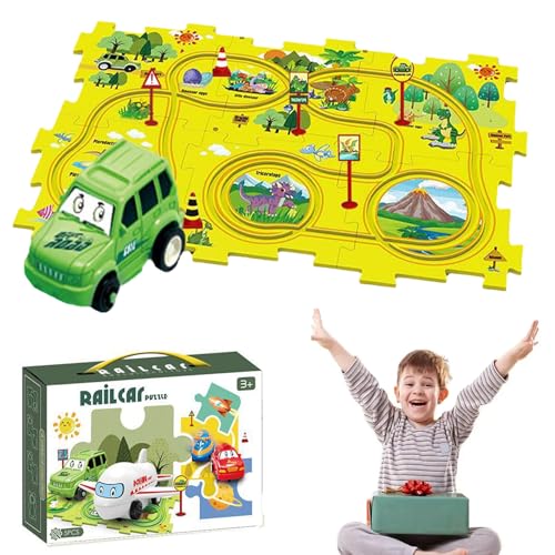 Puzzle Racer Kids Car Track Set, Puzzle Racer Car Track, Puzzle Track Car Play Set, for Kids Christmas Birthday Gifts (Dinosaur,1 Car+6 Puzzles+6 Signposts) von Cemssitu