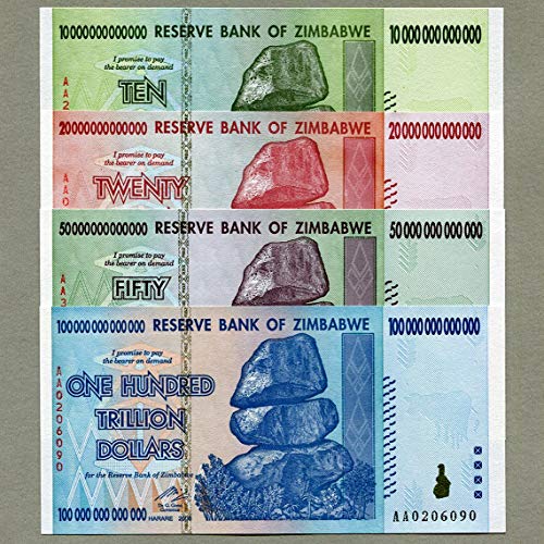 Geldschein-Sammlung für pädagogische Zwecke, 100, 50, 20 und 10 Trillion Dollar Scheine aus Zimbabwe, Inflation-Rekord, Währung, Banknoten von Central Bank of Zimbabwe