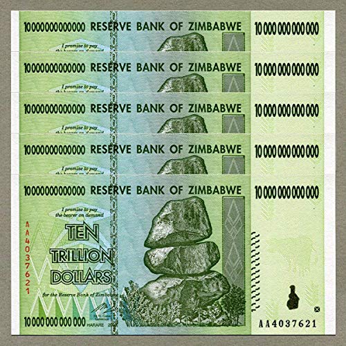 Zimbabwe 10 Trillion Dollars x 5 pcs AA 2008 P88 Consecutive UNC Currency Bills von Central Bank of Zimbabwe