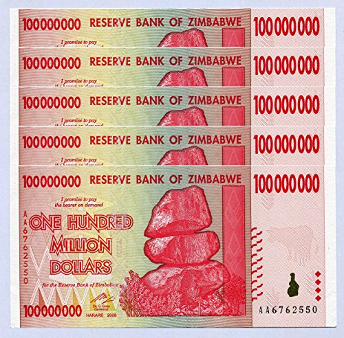 Zimbabwe 100 Million Dollars x 5 2008 UNC, World Inflation Record, Currency banknotes von Central Bank of Zimbabwe