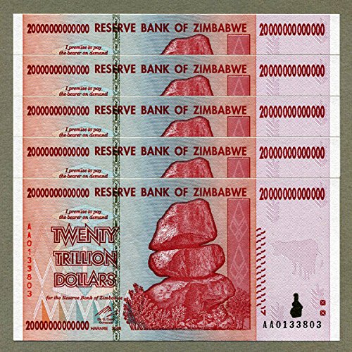 Zimbabwe 20 Trillion Dollars x 5 pcs AA 2008 P89 Consecutive UNC Currency Bills von Central Bank of Zimbabwe