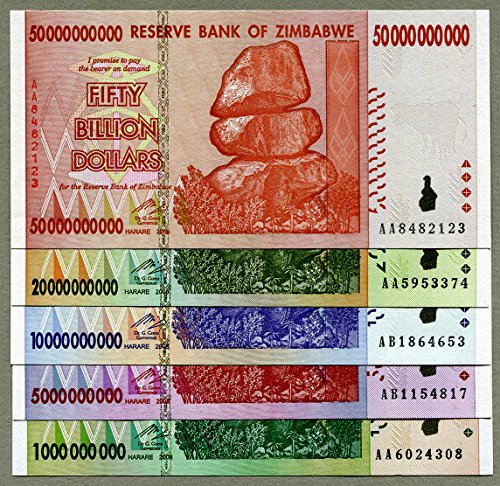 Zimbabwe 50 20 10 5 1 Billion Dollars banknotes 2008 Full Set UNC Currency Bills von Guoml