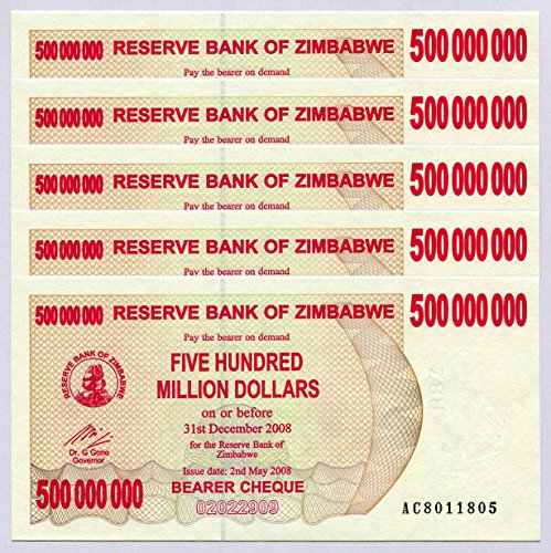 Zimbabwe 500 Million Dollars x 5 pcs 2008 P60 Consecutive UNC Currency Bills von Central Bank of Zimbabwe