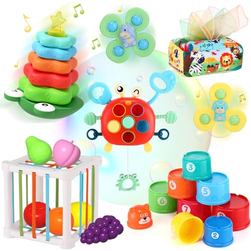 Ceoffo Montessori Spielzeug ab 6 Monate Baby Spielzeug für 6 bis 12 Monate 6 in 1 mit Stapelturm/Formsortierer/Stapelring/Zugschnur/Tücherbox/Saugnapf-Kreiselspielzeug Motorikspielzeug Baby Geschenke von Ceoffo