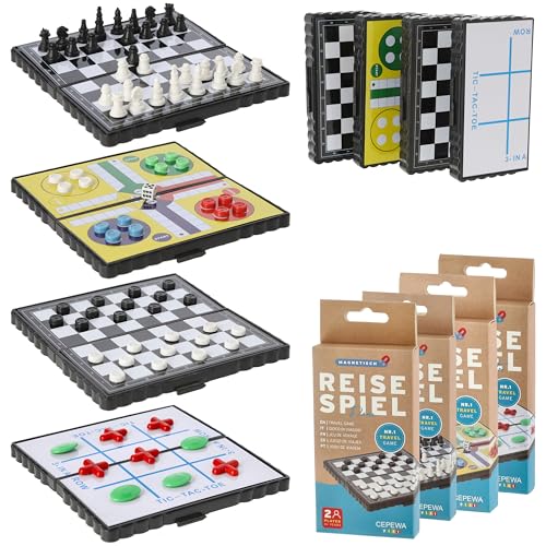 Cepewa Reisespiele 4er Set | magnetisch Kunststoff 13x13cm | Familienspiel Dame Schach TicTacToe Ludo von Cepewa