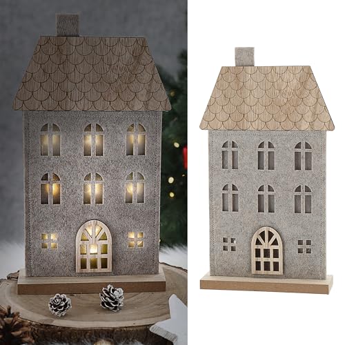 LED Haus auf Holzfuss | Polyesterfilz MDF 17x30x5cm 9 LEDs batteriebetrieben | Leuchthaus mit Timerfunktion von Cepewa