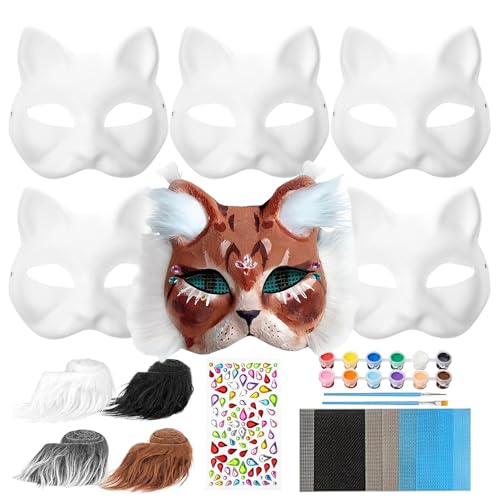 Ceprznvey Cat with Whiskers, Jeweled Face Stickers, 6 Blank Face Cover Kit, Craft Cat Face Cover, Paintable Face Cover Kit, Mesh, Whiskers, and Jeweled Stickers for Halloween Cosplay Party von Ceprznvey