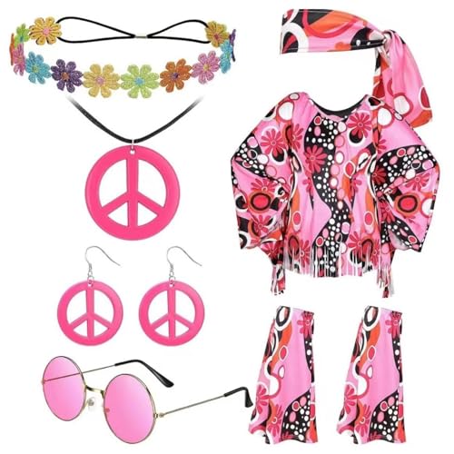 Damen Kostüm, Disco Outfits, Frauen 70er Jahre Kleid, Hippie Kostüm, 7-teiliges Hippie Kostüm Set mit 70er Jahre Disco Zubehör für Damen 70er Jahre Stil Hippie Outfit für Halloween Partys und von Ceprznvey