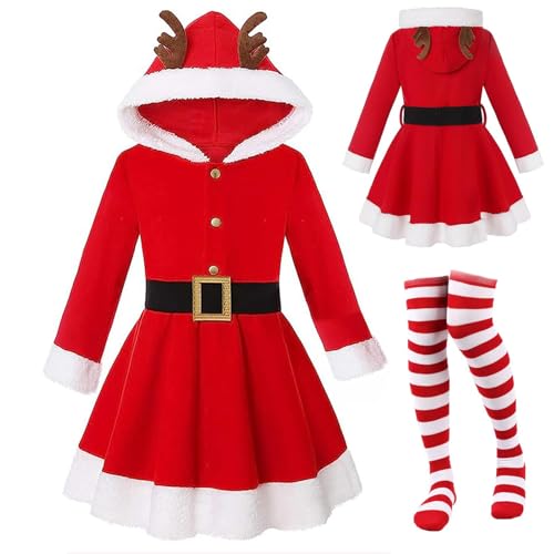 Rotes Geweih Mädchen Nikolauskleid, Weihnachtskostüm Mädchen Weihnachtsmann Kleid mit Geweih, Saisonale Mode Nikolauskleid mit schwarzem Gürtel für Karneval, Fotografie, Größe:110-160 von Ceprznvey