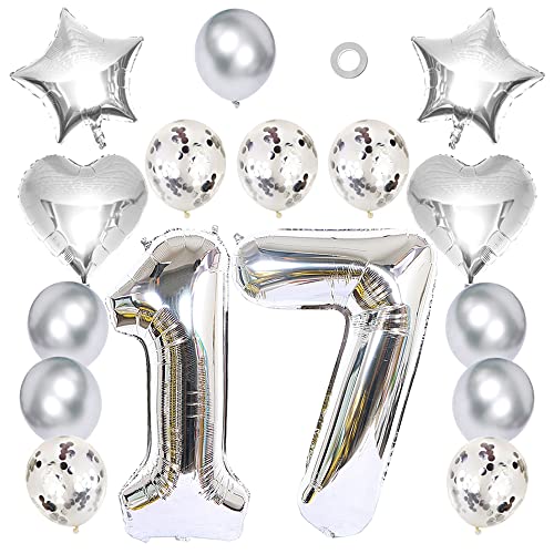 Ceqiny 16 Stück Silber Luftballon Kit 17. Geburtstag Partyballon 40" Zahl 17 Folienballon 12" Helium Konfetti Latexballons 18" Herz Sterne Mylar Ballons Dekorationen für Mädchen Kinder Tochter von Ceqiny