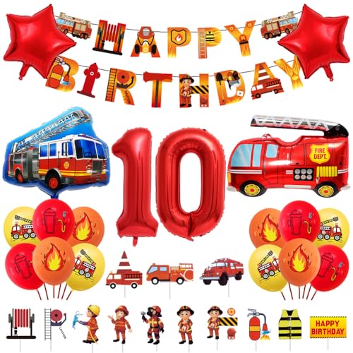 Geburtstagsdeko 10 Jahre Junge Feuerwehr Geburtstag Deko Feuerwehrwagen Folienballon Deko Kindergeburtstag Feuerwehrauto Luftballons Kuchendeko für Babyshower Jungen Party Dekoration von Ceqiny