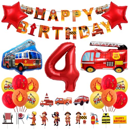 Geburtstagsdeko 4 Jahre Junge Feuerwehr Geburtstag Deko Feuerwehrwagen Folienballon Deko Kindergeburtstag Feuerwehrauto Luftballons Kuchendeko für Babyshower Jungen Party Dekoration von Ceqiny