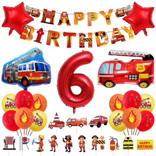 Geburtstagsdeko 6 Jahre Junge Feuerwehr Geburtstag Deko Feuerwehrwagen Folienballon Deko Kindergeburtstag Feuerwehrauto Luftballons Kuchendeko für Babyshower Jungen Party Dekoration von Ceqiny