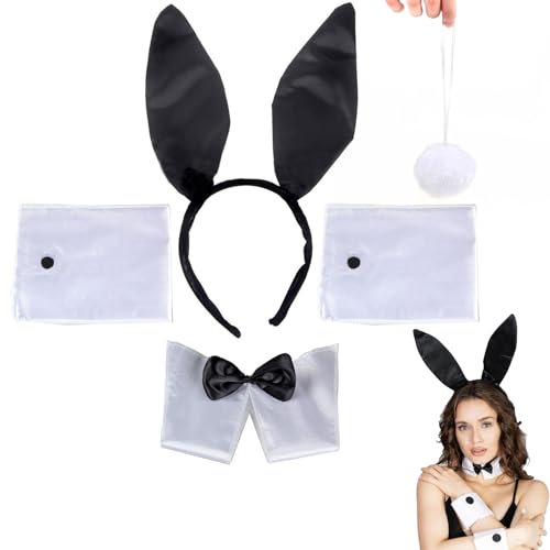 5-teiliges Damen Bunny Zubehör Set,Bunny Kostüm,Bunny Ohren Haarreif,Kaninchen Cosplay Set,Sets Hasenohren Und Schwanz Set,Ostern Hasenohren Haarreifen,Hasenohren Ohren Stirnband Fliege Schwanz von Cerioll