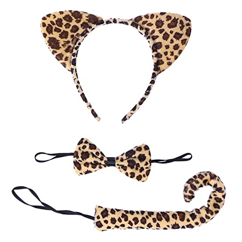 Cerioll Tierohren Stirnband,Ohren Stirnband Set,Ohren Fliege Tier Kleid Set,Leopard Muster Katze Ohren,Leopardenkostüm-set,Tier Leopard Stirnband Fliege,Leoparden Katzenohren Schwanz Und Fliege von Cerioll