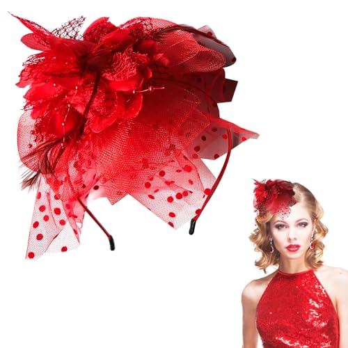 Damen Fascinator Hut Blume, Feder Blumen Haarschmuck, Fascinators Hut Tee Party Kopfbedeckung, Damen Hut Vintage Brautschleier Hochzeit Haarschmuck für Party Kirche Hochzeit Cocktail Jockey Club (Rot) von Cerioll