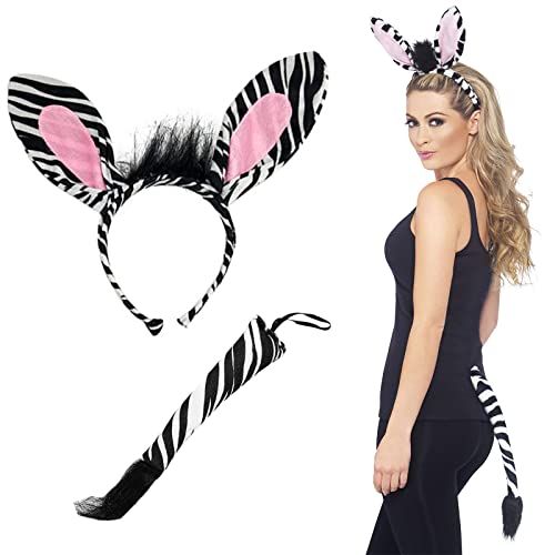 Kostüm-set Zebra, Weihnachten Tierohren Stirnband, Zebra Kostüm Set, Haarreif Mit Ohren Und Schwanz, Stirnband Ohr Krawatte Und Schwanz Zubehör, Tier Tiara, Dschungel, Kostüm, Karneval, Mottoparty von Cerioll