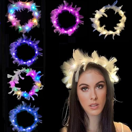 LED Federkranz Stirnband, LED Blumenkranz Haare, 6 Stück LED-Feder-Stirnbänder, Lichterkette mit Federn, LED Haarreif, Leuchtender Kopfschmuck, Party-Haarschmuck Für Frauen Und Mädchen(6 Farben) von Cerioll