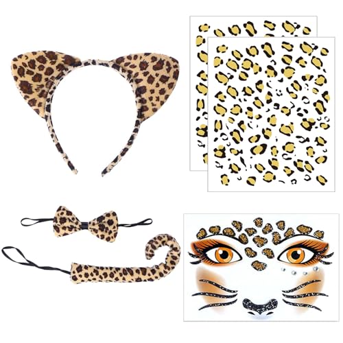 Leopard Kostüm Set, 6-teilig Leoparden Kostüm Damen, Leopard Kostüm Damen, Leopard Gesicht Kunst Aufkleber, Tier Leopard Stirnband Fliege, Leopard Ohren Stirnband für Kostüm Party Dekoration Zubehör von Cerioll