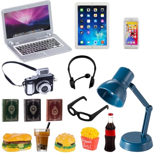 15 Stück Miniatur Puppenhaus Zubehör, Miniatur Wichtel Zubehör 1:12 Metall Simulation Laptop Tablet Smartphone Mini,Brille,Kamera, Schreibtischlampe,Kopfhörer,Bücher,Miniatur Essen,Puppenhaus Zubehör von Cerkkapo