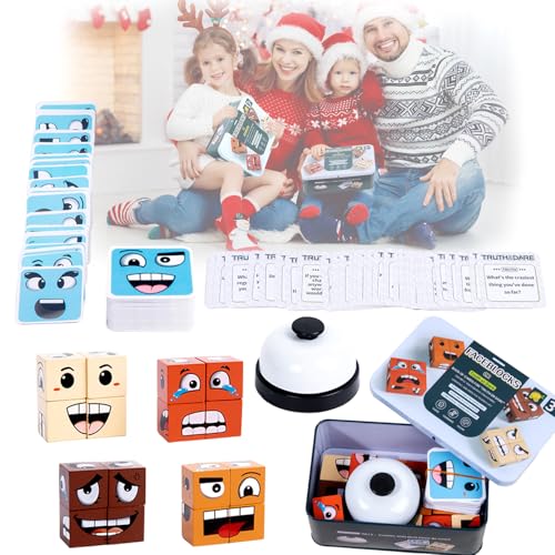 Cerkkapo Ausdruck Holzwürfel Puzzle,Bunte Zauberwürfel Baustein Set mit 80 Emoticon-Karten und Glocke,Würfelpuzzle aus Holz, 3D Puzzle Face-Changing Magic Cube Set für Geschenke für Kinder Ab 3 Jahren von Cerkkapo