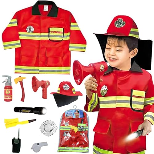 Cerkkapo Feuerwehr Kostüm Kinder,Waschbares Feuerwehrmann Kostüm Kinder,mit Feuerlöscher Feuerwehrhelm Walkie-Talkie Kinder Feuerwehr Rollenspiel,für Geschenke für Kinder 3 4 5+Jahren für Weihnachten von Cerkkapo