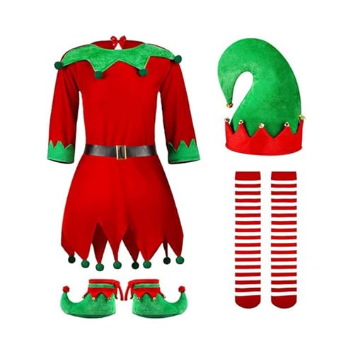 Cexiakong 6 Teilige Weihnachtself Frauen Urlaub Elfen Kostüm Samt Kleid Weihnachten Karneval Rollenspiel Elfen Hut Schuhe Ohrriemen Socken Weihnachten kleidung von Cexiakong