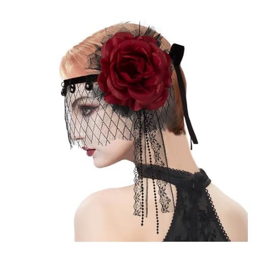 Cexiakong Damen Halloween Spitzen Mask Halbmaske mit Rosen und Anhänger Schwarzer Spitzenschleier Gaze Augenmaske für Halloween Party Maskenball Viking von Cexiakong