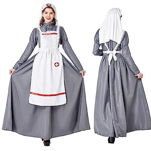 Cexiakong Damen Mittelalter Krankenschwester Kleid Bürgerkrieg Kostüm Kostüm Krankenschwester Kleid und Häubchen Karneval Zombie NonnenKrankenschwester Kostüm für Damen Untoter Set von Cexiakong